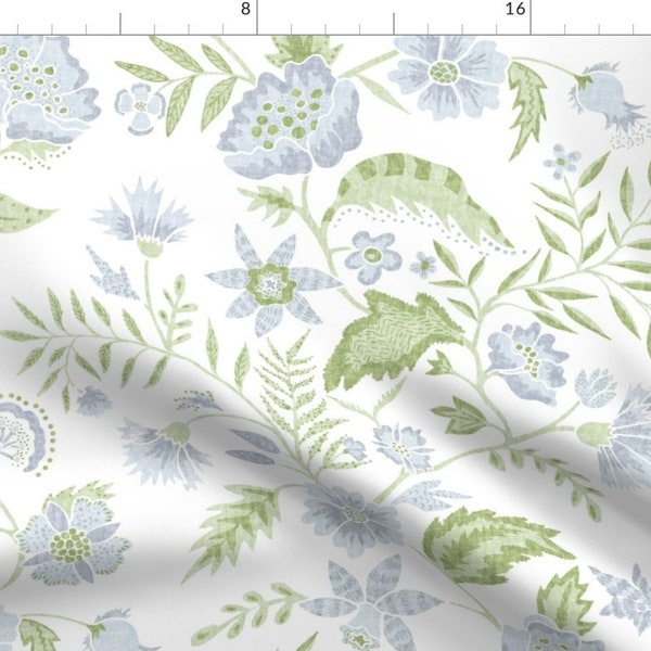 Boho Floral Fabric - Kathy's Vine Blue by danika_herrick -  Modern Chintz Garden Vine Cottagecore Blue Fabric by the Yard by Spoonflower