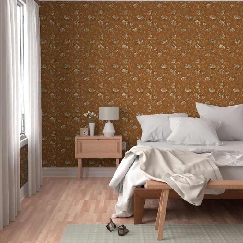 Floral Wallpaper - Kalami Floral Mustard By Holli Zollinger - Linen Look Custom Printed Removable Adhesive Wallpaper Roll by Spoonflower image 5