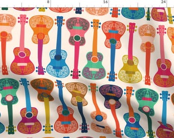 Bright Ukuleles Fabric - Hawaiian Ukulele By Pakanta Handmade - Folk art inspired Colorful Bright Cotton Fabric By The Yard With Spoonflower