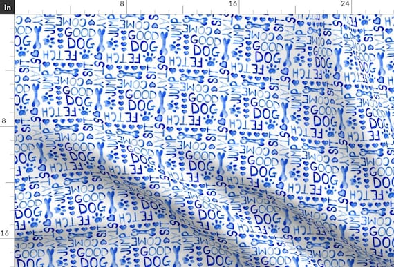 Dog Lovers Fabric - Small Dog Words Watercolor Blue Animal Pet Bone Heart By Misschiffdesigns - Cotton Fabric By The Yard With Spoonflower