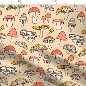 Fungi Doodle Fabric - Illustrated Mushrooms by ashleighgreen - Autumn Botanical Toadstools Witchy Fall Tan Fabric by the Yard by Spoonflower