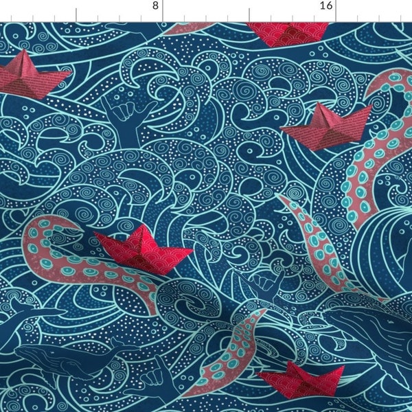 Octopus Blue Waves Illustration Fabric - Octopus Ocean Playground By Honoluludesign - Octopus Cotton Fabric By The Yard With Spoonflower