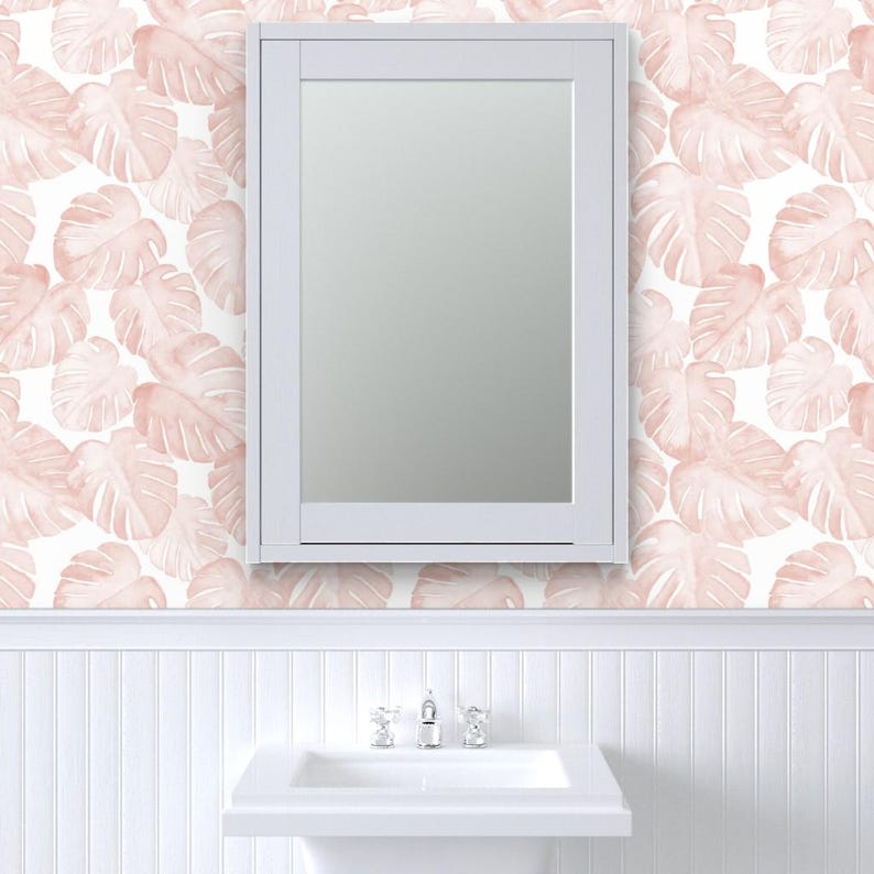Monstera Wallpaper - Jumbo Scale Watercolor Monstera Leaf By Littlearrowdesign - Pink Removable Self Adhesive Wallpaper Roll by Spoonflower image 8