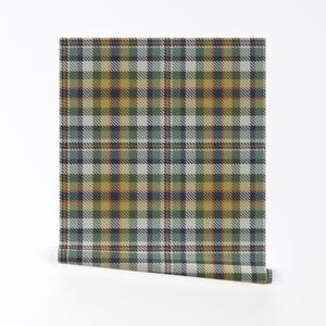 Bayeuxpalette Wallpaper - Buff Green Navy Plaid By Eclectic House - Custom Printed Removable Self Adhesive Wallpaper Roll by Spoonflower