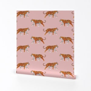 Tiger Wallpaper - Walking Tiger By Littlearrowdesign - Tiger Pink Custom Printed Removable Self Adhesive Wallpaper Roll by Spoonflower