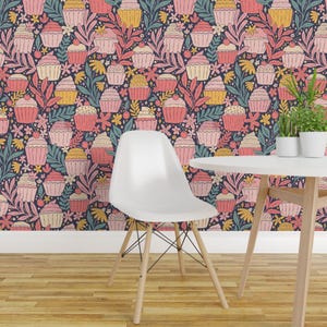 Whimsical Peel and Stick Wallpaper - Desserts Floral Colorful Baking - Removable Wall Decor Art - Cupcakes And Flowers  by writtenbykristen