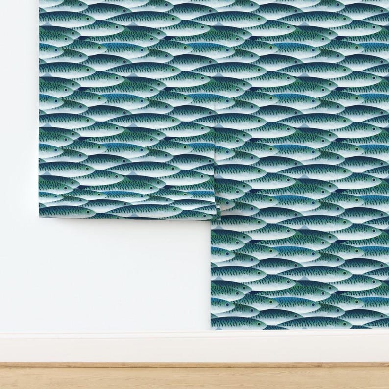 Fisch-Tapete - Meer von Spellstone - Fisch-blauen Schuppen Sportler Angeln Individuell bedruckte entfernbare selbstklebende Tapetenrolle von Spoonflower Bild 4