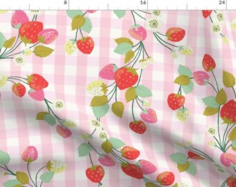 Strawberry Gingham Fabric - Strawberries On Pink by the_printed_square_studio - Berries Summer Picnic Fabric by the Yard by Spoonflower