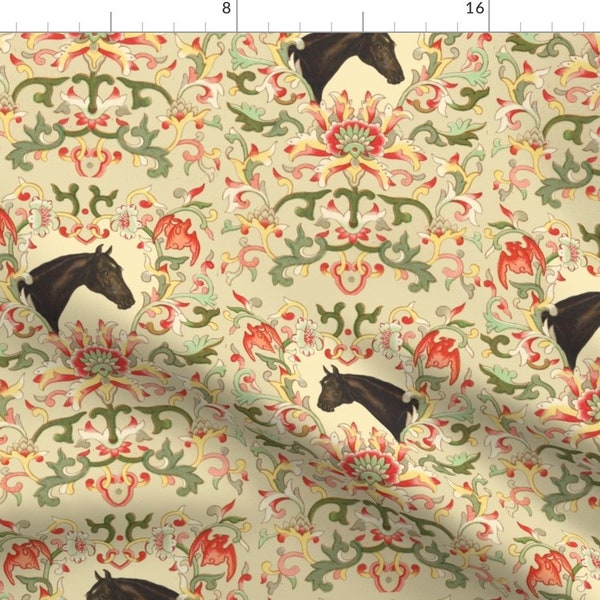 Equestrian Fabric - Vintage Embellished Floral Botanical Bay Brown Thoroughbred Horse By Ragan - Cotton Fabric By The Yard With Spoonflower