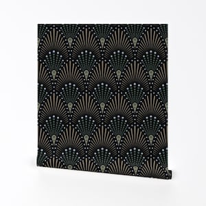 Art Deco Wallpaper - Art Deco Fan By Sveta Aho - Black 1920s Flapper Scallops Glam Removable Self Adhesive Wallpaper Roll by Spoonflower