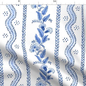 Grandmillennial Fabric - Blue Emma Stripe by danika_herrick -  Botanical Cottagecore Blue And White Vines Fabric by the Yard by Spoonflower