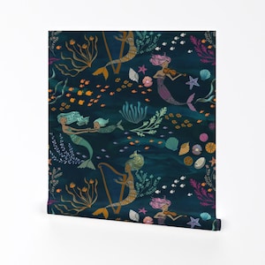 Mermaids Wallpaper - Mermaid Music By Ceciliamok - Navy Underwater Girls Fantasy Removable Self Adhesive Wallpaper Roll by Spoonflower