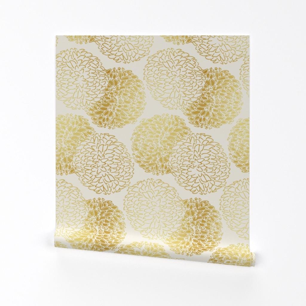Floral Wallpaper - Ming Chrysanthemum in Gold Dust by Willow Lane Textiles - Custom Removable Self Adhesive Wallpaper Roll by Spoonflower