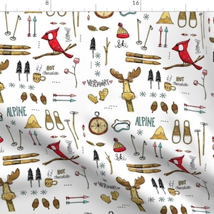 Skiing Fabric - Ski In Vermont By Mulberry Tree - Skiing Woodland Moose Winter Baby Nursery Cotton Fabric By The Yard With Spoonflower