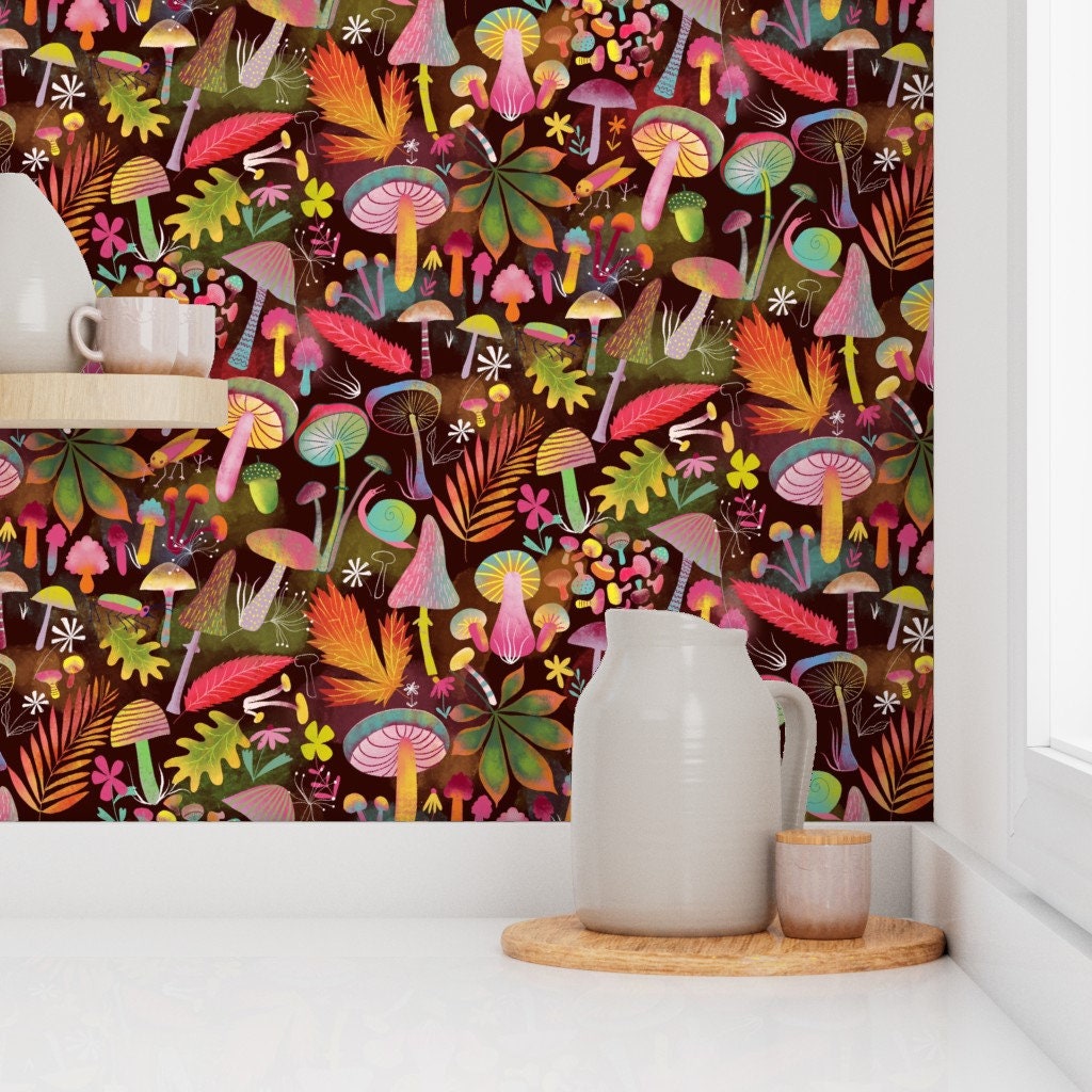 Mushroom Wallpaper Leaves and Shrooms by Miraparadies - Etsy