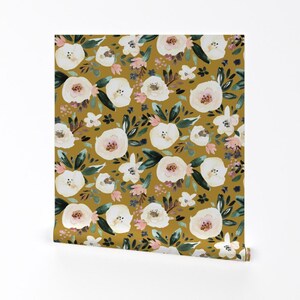 Floral Wallpaper - Florista-Mustard-Vintage By Crystal Walen - Floral Custom Printed Removable Self Adhesive Wallpaper Roll by Spoonflower