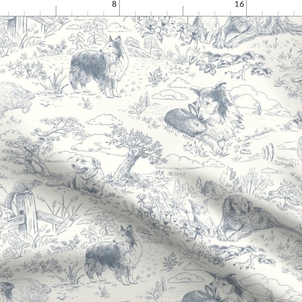 Toile De Jouy Fabric - Country Dogs Toile Gray By Vinpauld - Animals Dog Wildlife Toile De Jouy Cotton Fabric By The Yard With Spoonflower