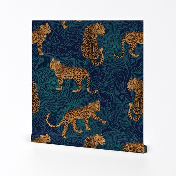 Animalier Leopard on Teal Fabric - Leopard Jungle Midnight By Honoluludesigns - Dark Tropical Floral Animal Print Wallpaper with Spoonflower