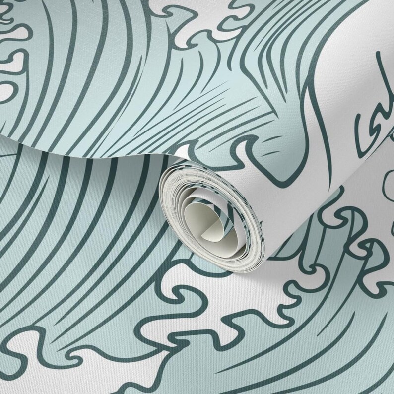 Ocean Waves Wallpaper - Japanese Waves By Sveta Aho - Pine Green Mint Blue Nautical Removable Self Adhesive Wallpaper Roll by Spoonflower image 3