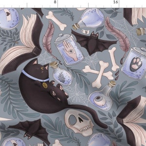 Black Cat Fabric - Witch Kitchen - Big Scale - Blue by graf_katz - Skulls Potions Spells Bones Bats Magic  Fabric by the Yard by Spoonflower