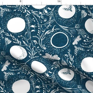 Moon Fabric - Deluna Navy Large By Nouveau Bohemian - Boho Full Moon Floral Moth Nursery Apparel Cotton Fabric By The Yard With Spoonflower