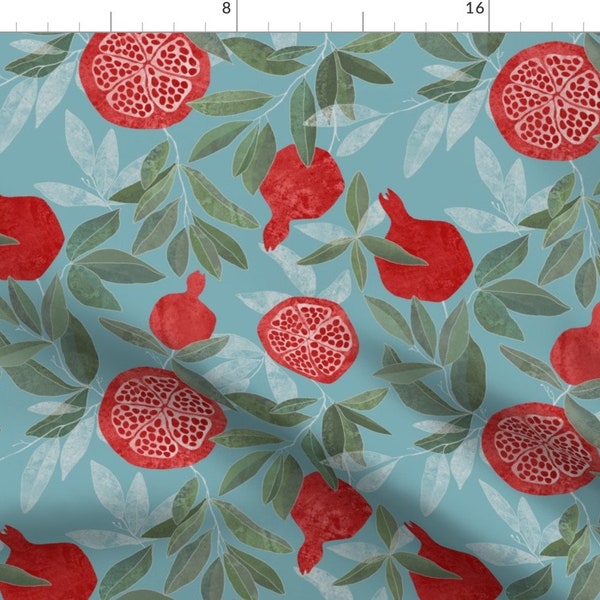 Summer Pomegranate Fabric - Pomegranates Garden On Sky Blue By Lavish Season - Pomegranate Decor Cotton Fabric By The Yard With Spoonflower