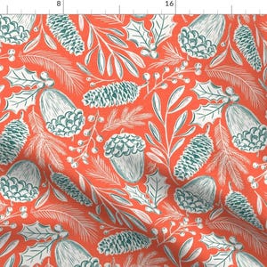 May include: A seamless pattern featuring a variety of winter holiday elements, including pine cones, holly leaves, and acorns. The design is in white on a bright orange background.