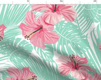 Hibiscus Fabric - Hibiscus Tropical Flowers Floral On Teal by furbuddy - Tropical Flower Hawaii Floral Fabric by the Yard by Spoonflower