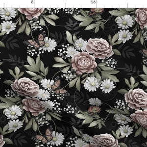 Muted Gray Floral Pattern Fabric - Moody Florals By Whimsical Brush - Floral Dark Moody Cotton Fabric By The Yard With Spoonflower
