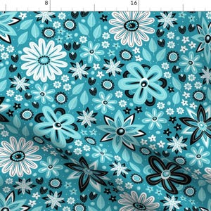 Flower Fabric - Bohemian Fields (Teal Aqua Turquoise And Black) By Robyriker Ditsy Floral - Cotton Fabric By The Yard With Spoonflower