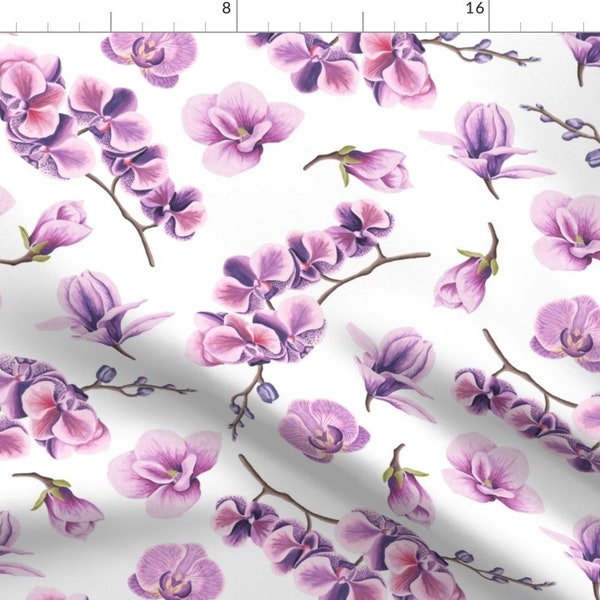 Orchid Fabric - Purple Orchid Flower By Julia Dreams - Orchid Botanical Floral Black Purple Cotton Fabric By The Yard With Spoonflower