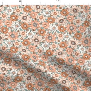 Retro Peach Floral Fabric - Nostalgic Floral by riveroakstudio - 70s Boho Groovy Botanical Flowers Orange Fabric by the Yard by Spoonflower