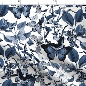 Butterflies Fabric - Butterfly Sanctuary ~ Blue And White By Peacoquettedesigns - Butterflies Cotton Fabric By The Yard With Spoonflower
