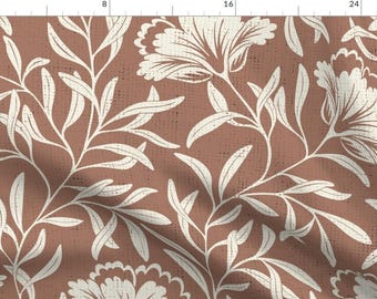 May include: A seamless pattern featuring white stylized floral designs on a terracotta background. The pattern includes leaves and flowers with a textured look.