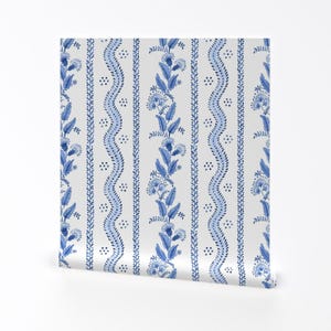 Grandmillennial Removable Peel and Stick Wallpaper -  Botanical Cottagecore Dots - Wall Art Wall Decor - Blue Emma Stripe by danika_herrick