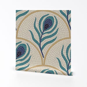 Art Deco Tiles Removable Peel and Stick Wallpaper - Teal Blue Ivory Bold Faux Tile - Wall Art Wall Decor - Peacock Mosaic by dalia_designs