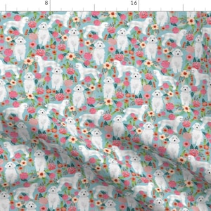 Poodle Floral Fabric - Standard White Poodle Dogs Vintage Floral Flower Blue By Petfriendly - Dog Cotton Fabric by the Yard with Spoonflower