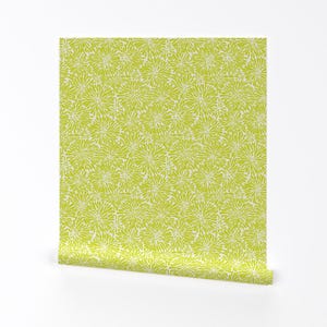 Chartreuse Floral Removable Peel and Stick Wallpaper - Colorful Abstract Graphic 1960s - Wall Art Wall Decor - Acid Green Mums by bevestudio
