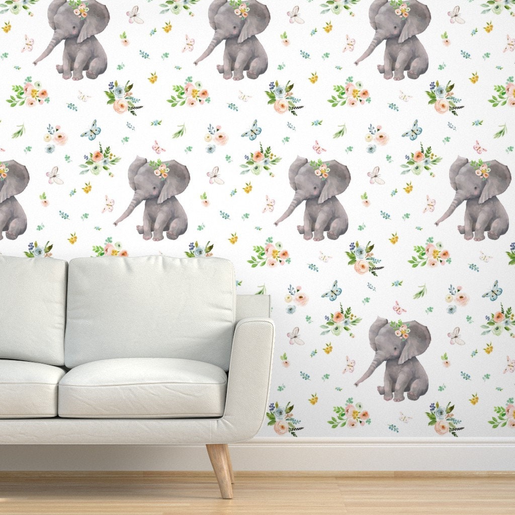 Removable Water-Activated Wallpaper Elephant Flower Watercolor Floral Animal 