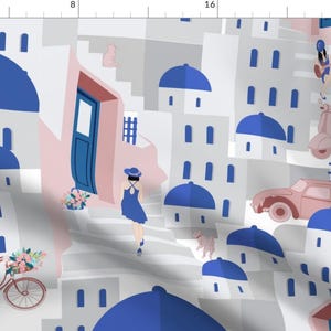 Travel Fabric - Santorini Scene by pallavi_chaudhary - Vacation Mediterranean Greece Holiday Houses Blue Fabric by the Yard by Spoonflower