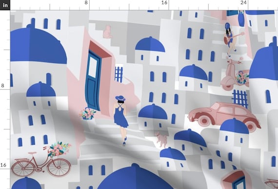 Travel Fabric - Santorini Scene by pallavi_chaudhary - Vacation Mediterranean Greece Holiday Houses Blue Fabric by the Yard by Spoonflower