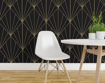 Art Deco Pattern Wallpaper - Sun Burst Gold Charcoal By Anvil Studio - Custom Printed Removable Self Adhesive Wallpaper Roll by Spoonflower