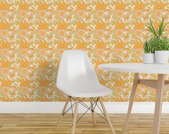 70s Wallpaper - 70s Flower Sunny By Morecandyshop - Yellow Orange Retro Trending 60s Removable Self Adhesive Wallpaper Roll by Spoonflower