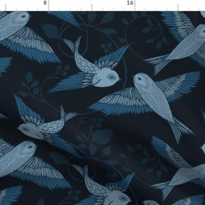 Birds Fabric - Blue Birds By Ceciliamok - Birds Blue Gray Monochrome Animals Leaves Flying Cotton Fabric By The Yard With Spoonflower