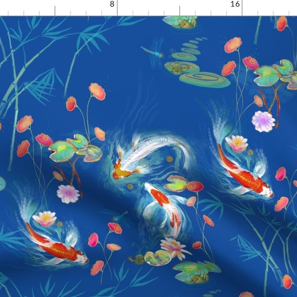 Blue Koi Fish Watercolor Fabric - Japanese Water Garden -Blue By Designed By Debby - Blue Cotton Fabric By The Yard With Spoonflower