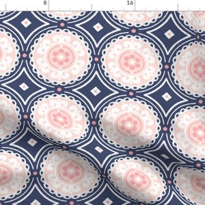 Navy and Pink Fabric - Navy And Pink Medallion By Sugarfresh - Navy And Pink Cotton Fabric By The Yard With Spoonflower