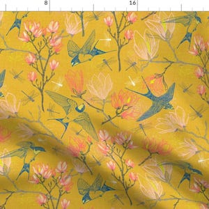 Summer Days Fabric - Golden Summer For Swallows Magnolias By Helenpdesigns - Yellow Birds Floral Cotton Fabric By The Yard With Spoonflower