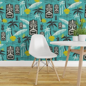 Tiki Wallpaper - Island Tiki - Aqua Jumbo Scale By Heatherdutton - Tiki Custom Printed Removable Self Adhesive Wallpaper Roll by Spoonflower