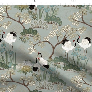 Japanese Cranes Fabric - Japanese Garden Sage  by juditgueth - Chinoiserie Cherry Blossoms Cherry Blossom Fabric by the Yard by Spoonflower
