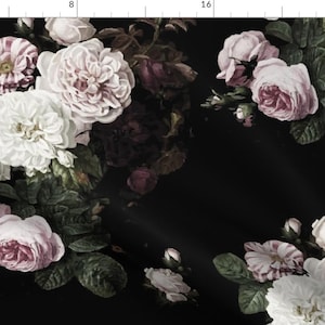 Dark Floral Fabric - Vintage Roses Jumbo Scale Dark Moody Floral Black By Mlags - Dark Floral Cotton Fabric By The Yard With Spoonflower